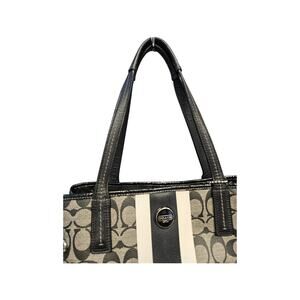 Coach Signature Stripe Tote Coated Canvas Leather Shoulder Bag